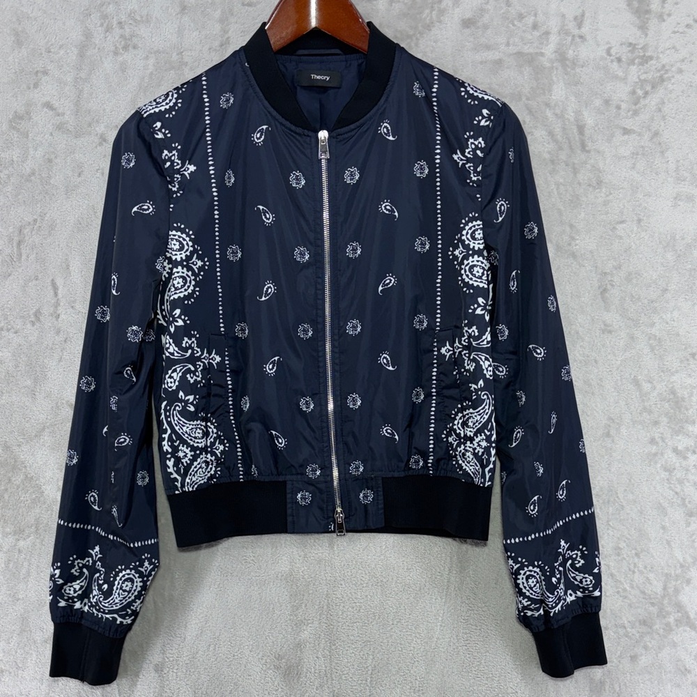 Theory Daryette Bandana Torne Paisley Bomber Jacket in Navy & White Size M
